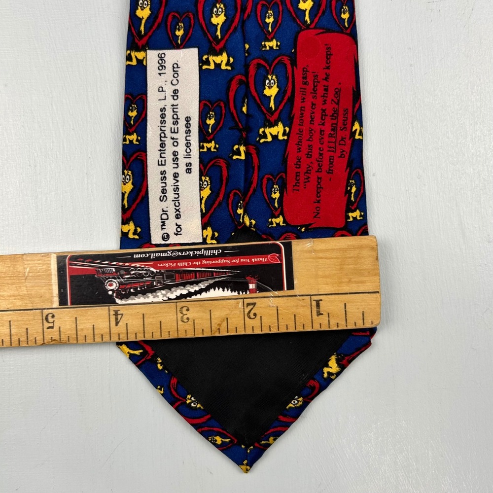 Vintage 1996 Dr Seuss If I Ran The Zoo Silk Tie Blue Red Heart Esprit Men Access - Picture 5 of 6